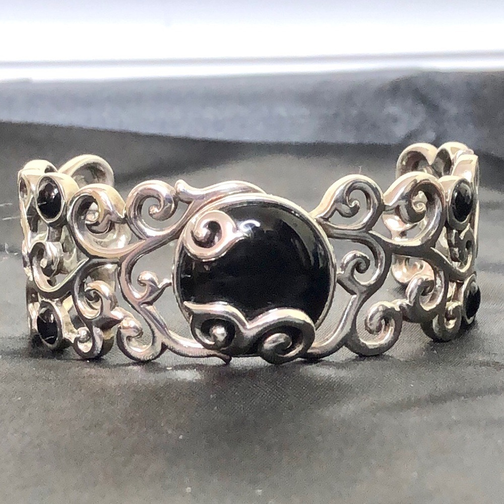 BARSE Sterling Silver Scroll Filigree Overlay Black Onyx Cabochon Cuff Bracelet